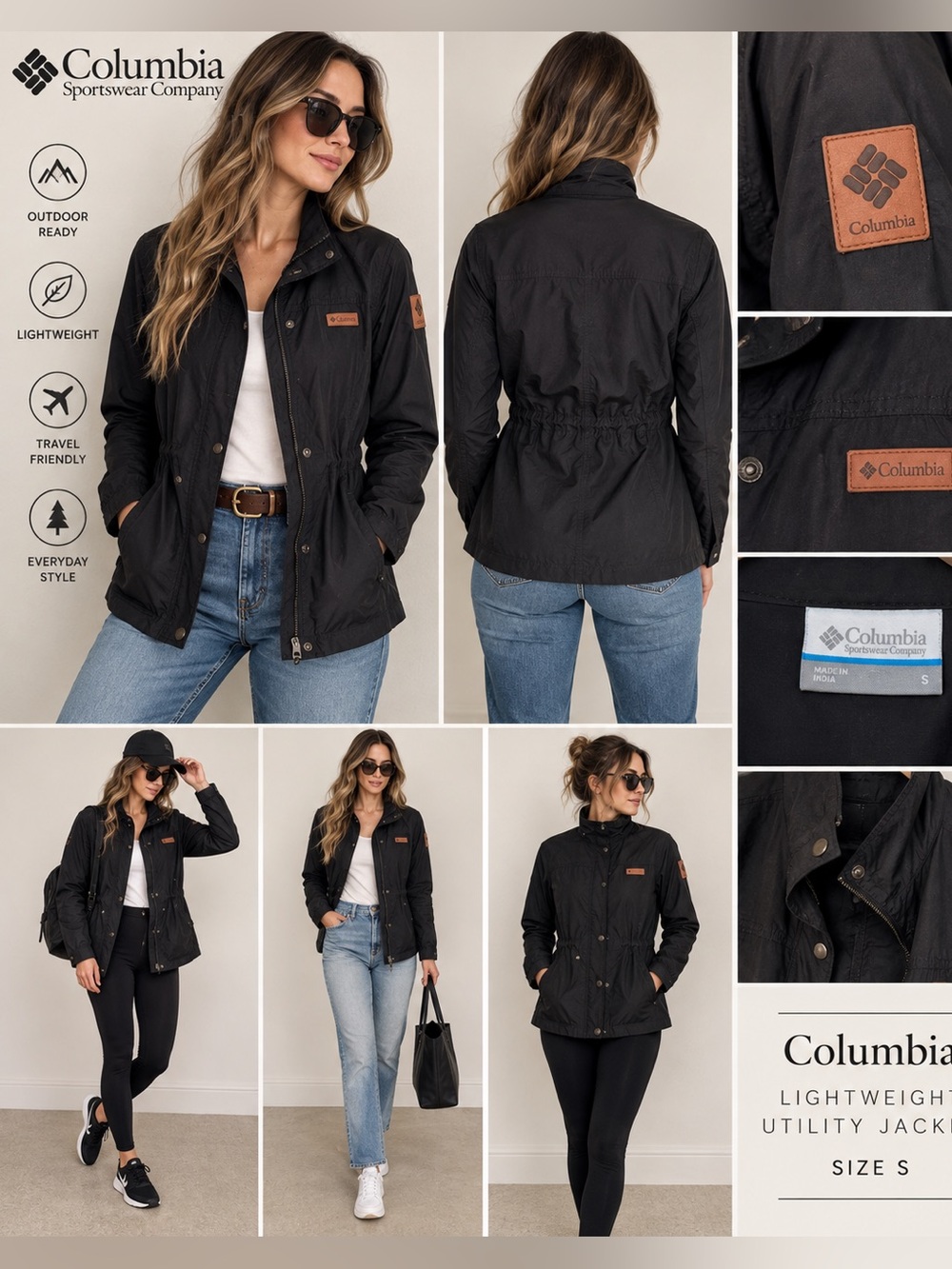 Columbia Black Lightweight Utility Jacket Brown Logo Patch Size S